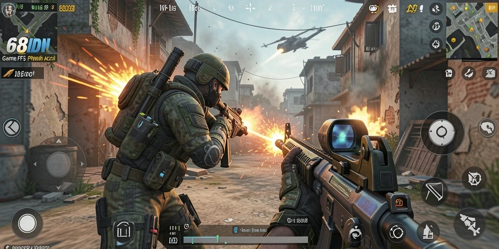 Tangkapan layar gameplay 68IDN menampilkan aksi tembak-menembak yang intens.