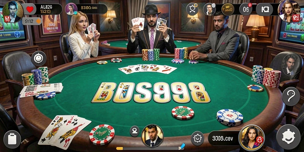 Screenshot BOS898 menampilkan gameplay Poker yang mendebarkan dengan pemain aktif.