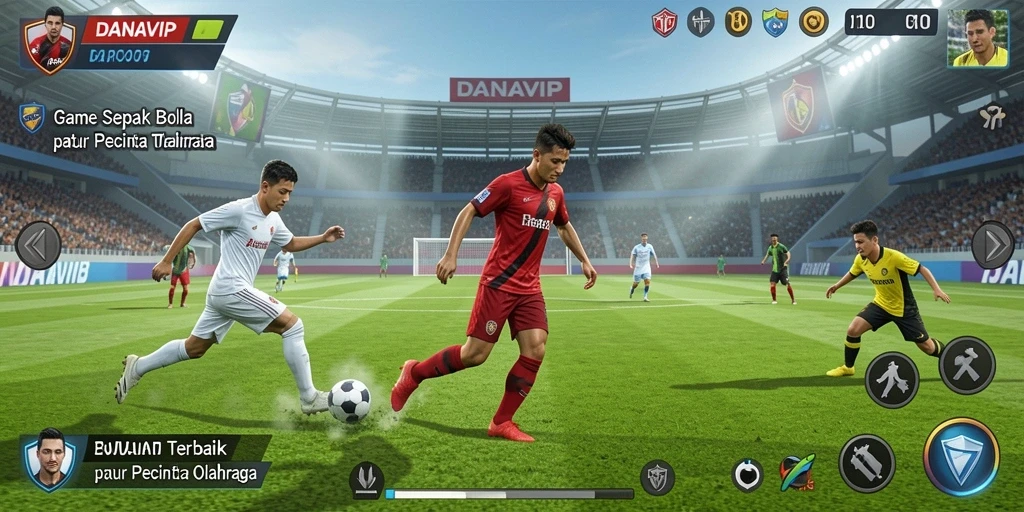 Tangkapan layar utama menampilkan aksi seru gameplay sepak bola.