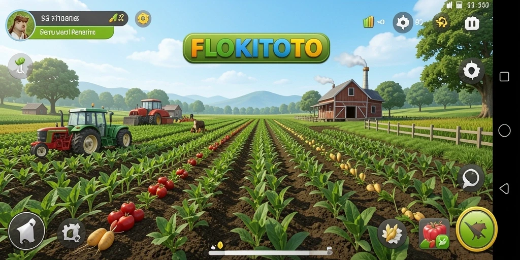 Tampilan gameplay <strong>FLOKITOTO</strong> yang menarik dengan ladang yang subur dan hewan ternak.