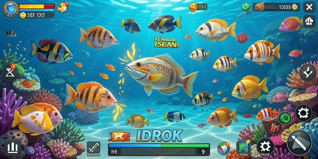 Screenshot gameplay penuh aksi menembak ikan di IDROK.