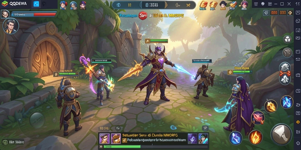 Screenshot gameplay QQDEWA menunjukkan pertempuran epik di dunia MMORPG.