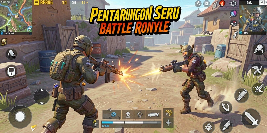 Screenshot utama RP886 menampilkan aksi intens dalam pertarungan Battle Royale.