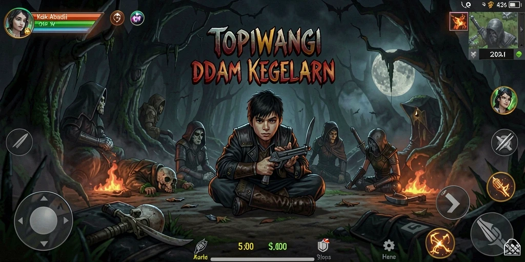 Screenshot gameplay TOPIWANGI menampilkan suasana horor yang mencekam.