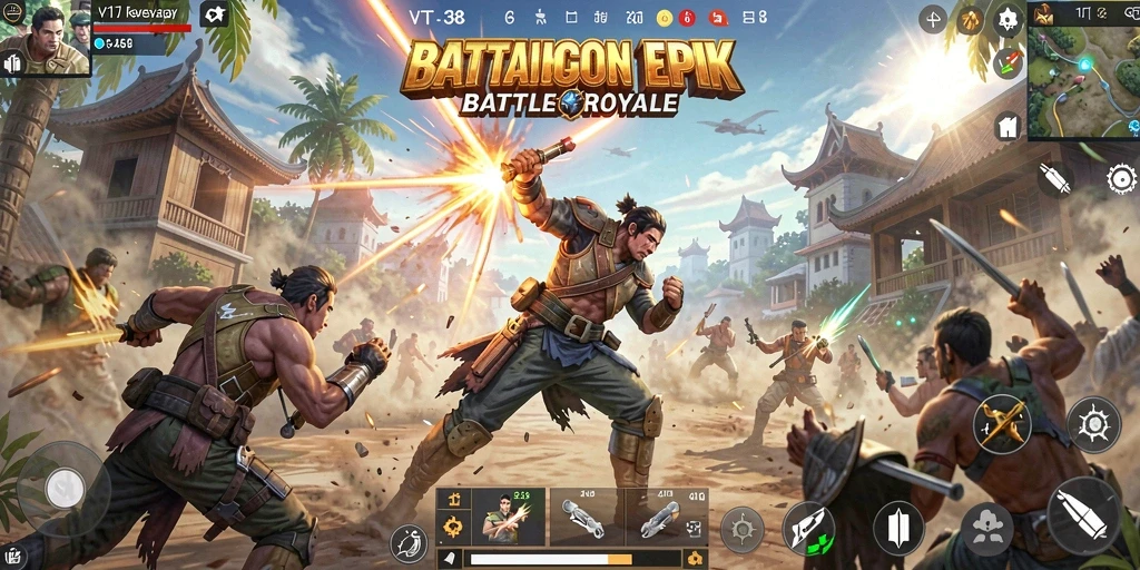Tangkapan layar utama VT38 menampilkan aksi pertempuran seru dalam arena Battle Royale.